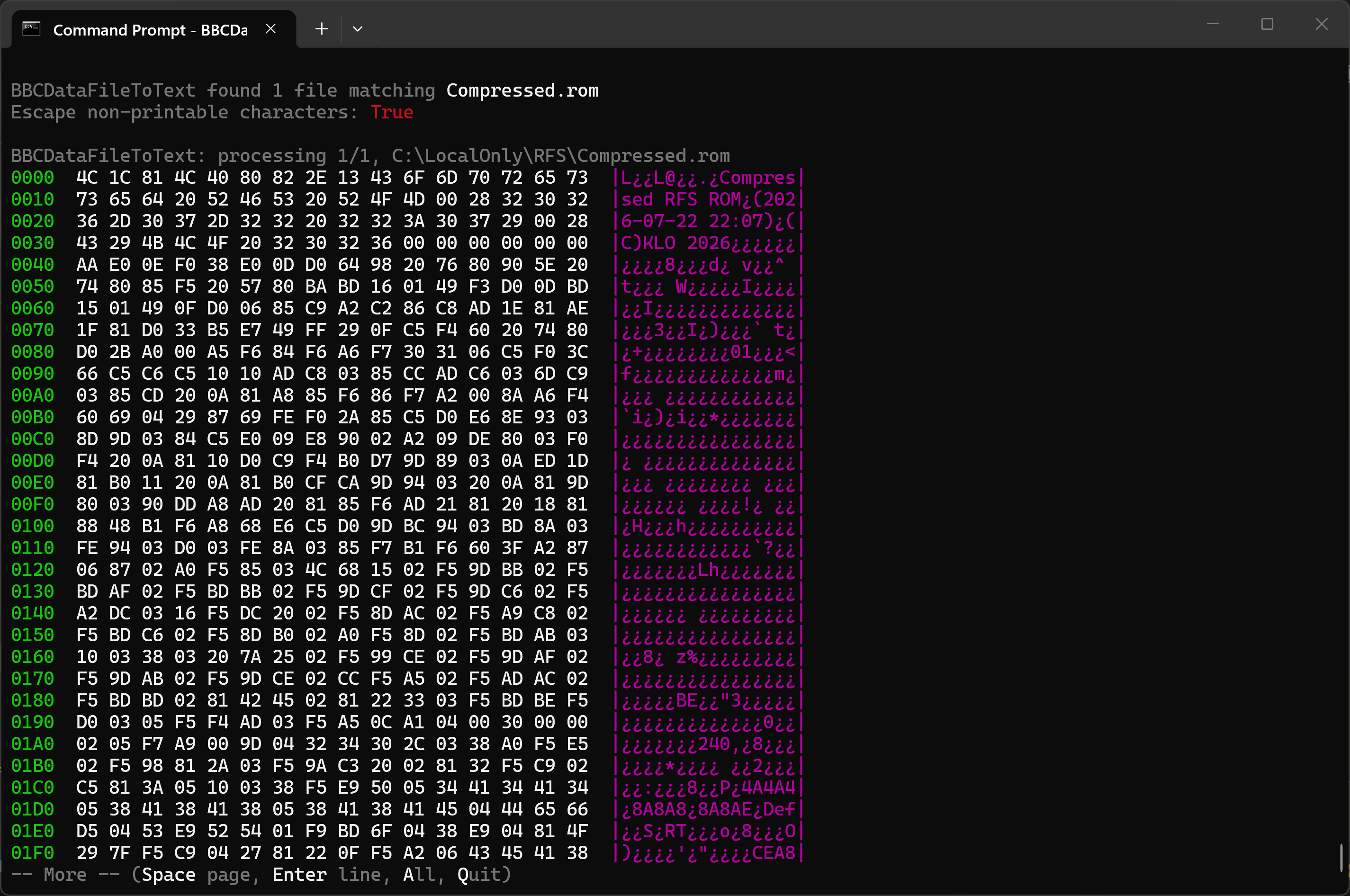 BBCDataFileToText hex dump paused at the -- More -- prompt